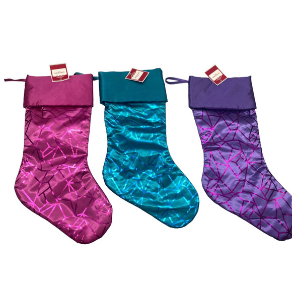 Holiday Time Christmas Foiled Design Embellished Stockings Set Of 3 Multicolor - Picture 1 of 12